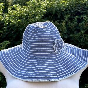 Timeless Vintage Style Blue & White Striped Textural Wide Brim Cotton Summer Hat